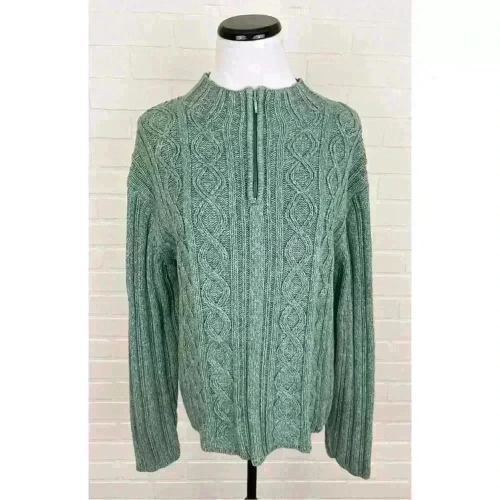Cabelas Womens Heavy 100% Cotton 1/4 Zip Cable  Knit Sweater Green Size Small